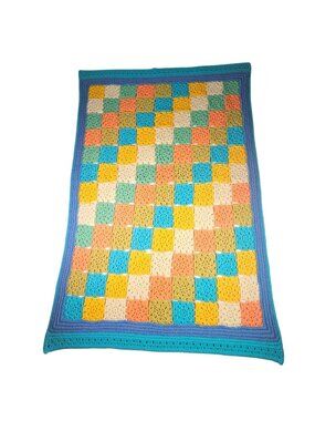 Granny Square Handmade Crochet Blanket Afghan Throw 36" x 54" Multicolor Blue